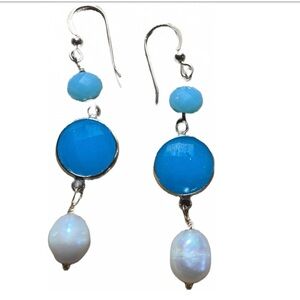 Pearl white barrel,Blue Jade, Blue Calcedony,  Lustrous Pearl. 14K wire.